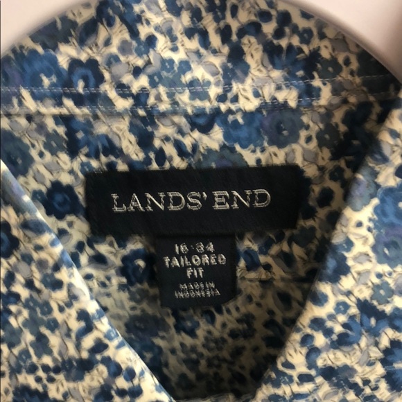 Lands' End Blue Casual Button Down Shirt with Floral Print - Picture 2 of 5